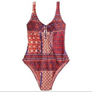 New Indigo Rein‎ Boho Patchwork Paisley One Piece Swimsuit Swim Strappy Print M